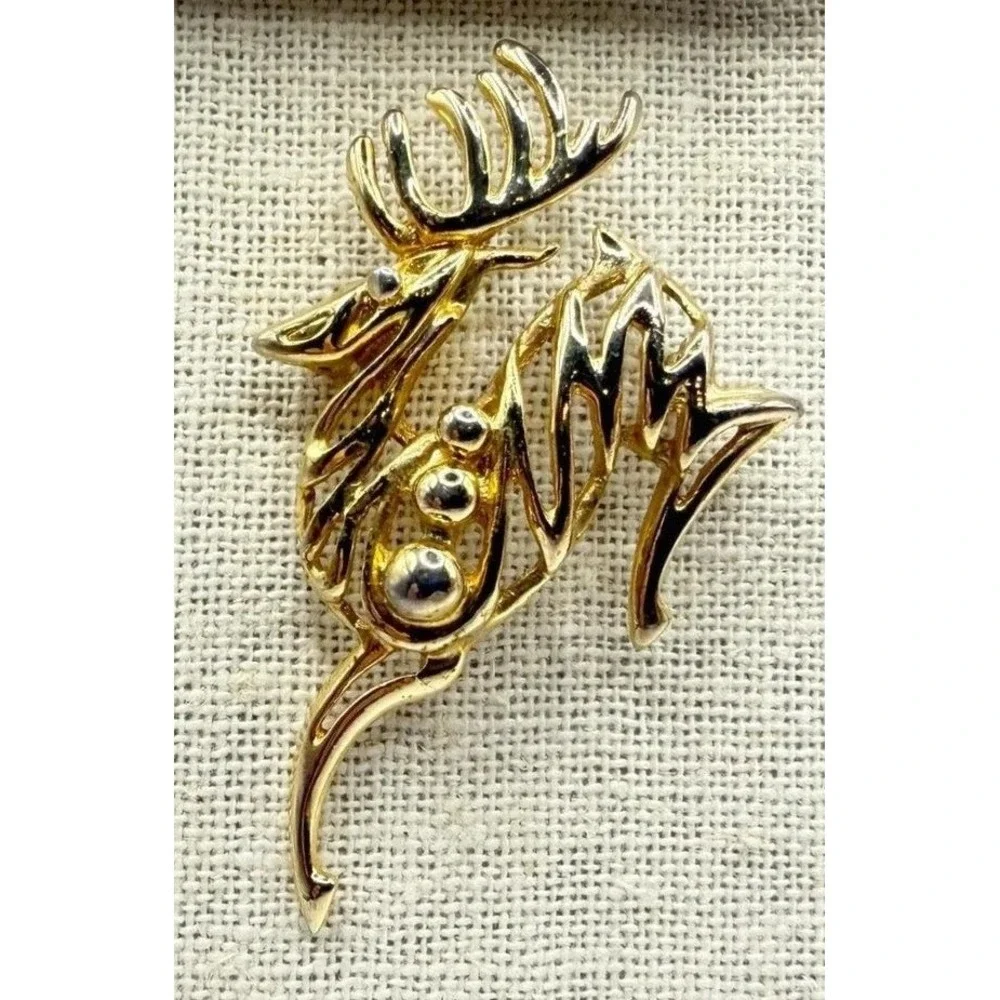 Christmas Reindeer Brooch Lot of 3 Rhinestone Pearl Green Gold Silver Tone